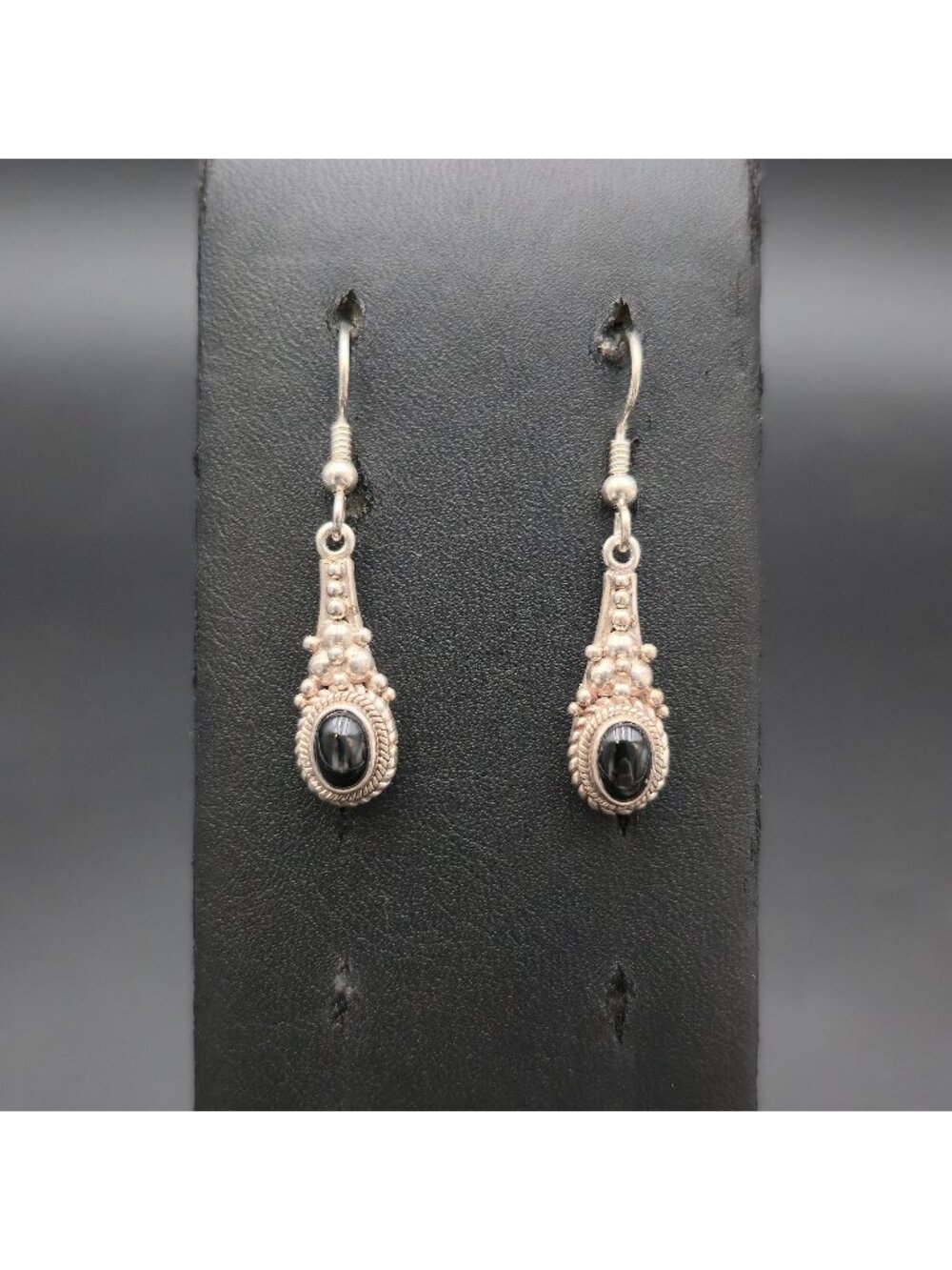 Sterling Silver Black Onyx Bali Style Granulation Dangle Drop Earrings A8557